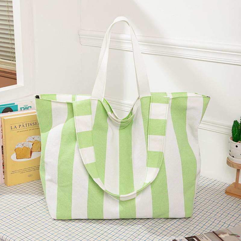 

Summer Classic Striped Canvas Youth Tote Bags Hot Sale Lightweight Vacation Shoulder Bags Eco-friendly Reusable Shopping Bag зелений