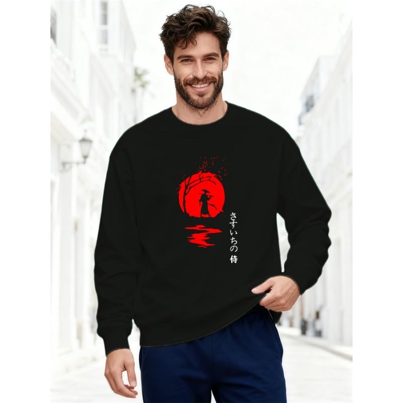 Men's Japanese Style Samurai Silhouette Pattern Casual Round Neck Sweatshirt, Plus Size.