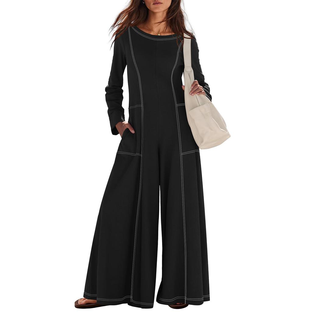 Damen Modischer Lässiger Rundhals Langarm Tasche Lässiger Lockerer Weitbeiniger Jumpsuit