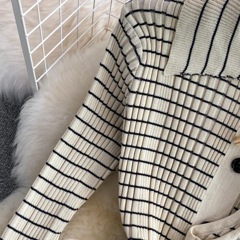 Fashion Suit Skirt Slim Knitted Lapel Top Sleeveless Vest Three-Piece High Waist Striped Hip Skirt Women