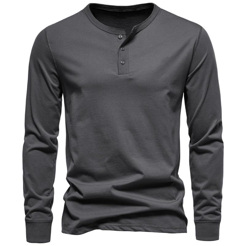 

2026 Men s European & American Henley Collar Long Sleeve Solid Casual T-Shirt S темно-серого