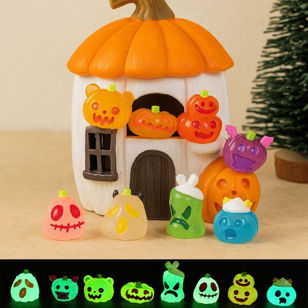 8pcs Micro Landscape Pumpkin Ghost Miniatures Luminous Little Statue  Garden Ornament