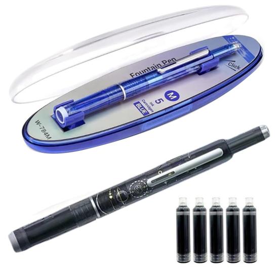 Retractable Fountain Pen Fine Nib Set 0.38mm Black/Blue Ink Transparent Barrel Pen with 5 Refillable Ink Cartridges for Sketching