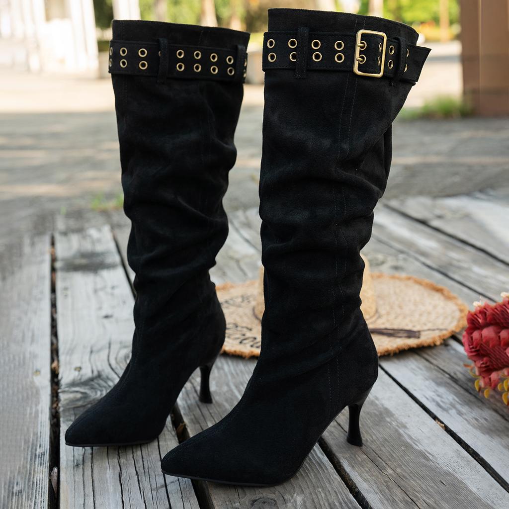 Metal Buckle Western Knee High Boots Women 2025 Winter Vintage Brown Suede Long Boots Sexy High Heel Woman's Y2K Shoes