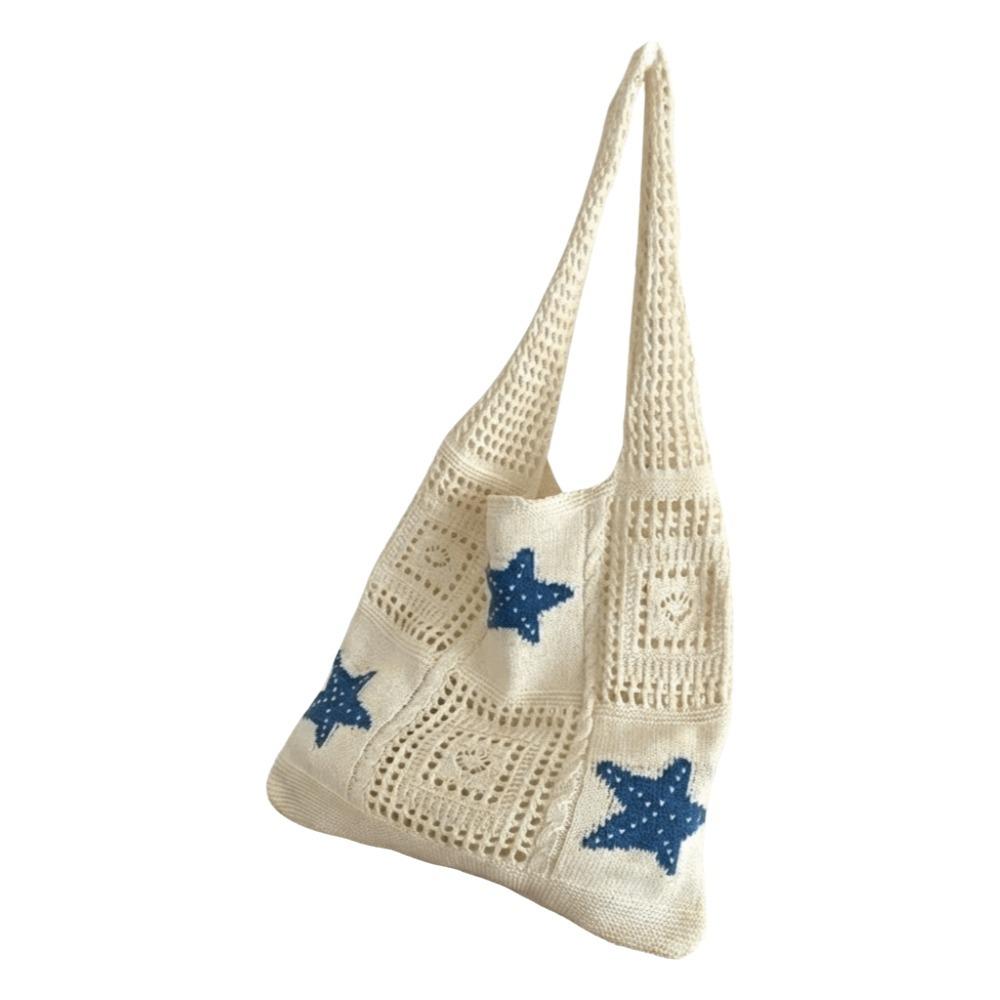 

Solid Color Woven Shoulder Bag Shell Knitting Handbag Fashion Crochet Tote Bag Daily Style B