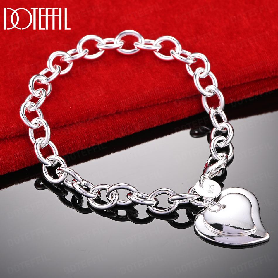 925 Sterling Silver Double Heart Pendant Bracelet Fashion Wedding Jewelry