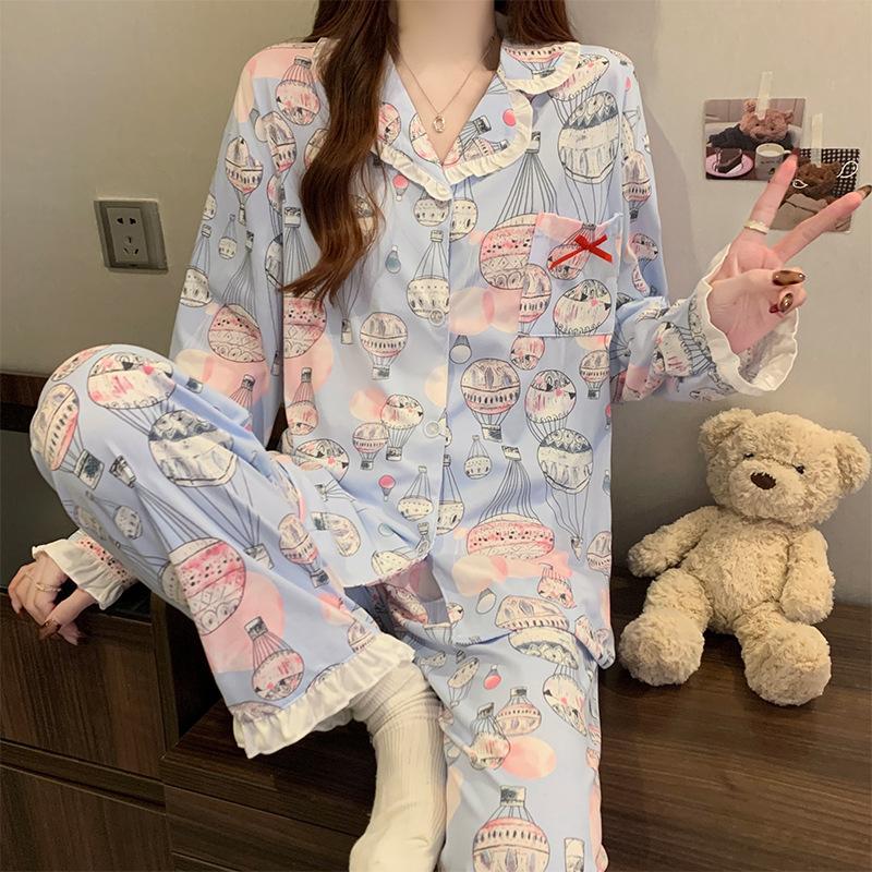 

Белая пижама с воздушным шаром, женская, тонкая домашняя одежда из имитации хлопка, комплект из двух предметов с длинным рукавом для весны 2XL [Recommended 130-72.5kg]