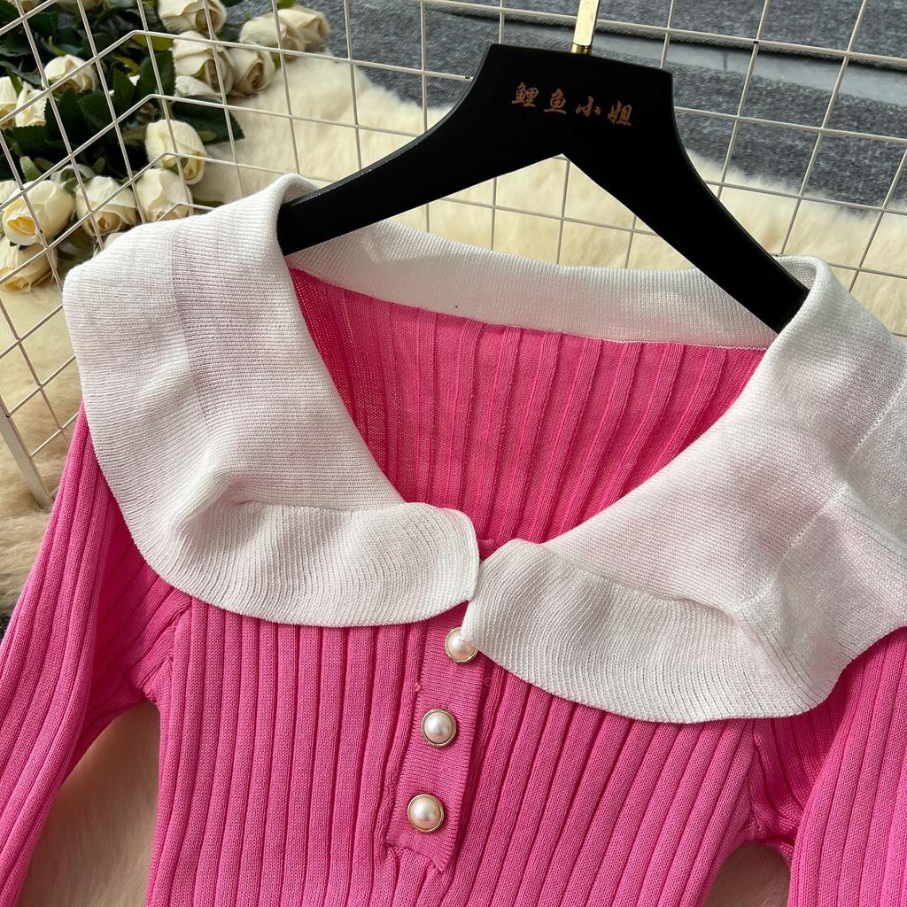 Knitted Dress Women's Autumn and Winter French Retro Color Collision Doll Collar Single-breasted Waist Slim Fishtail Long Dress