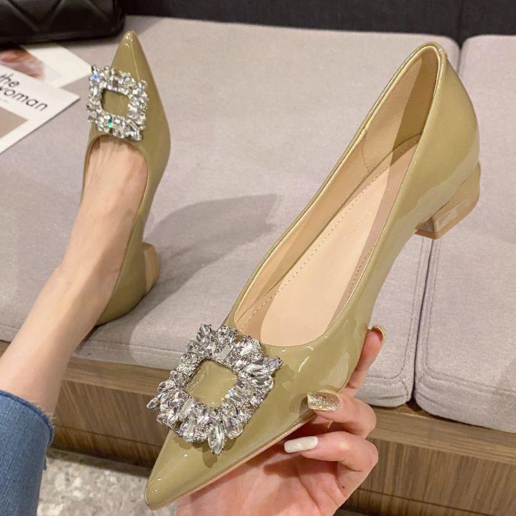 French temperament nude single shoes women's autumn and winter 2025 new light mouth patent leather low heel rhinestone high heels are not tired