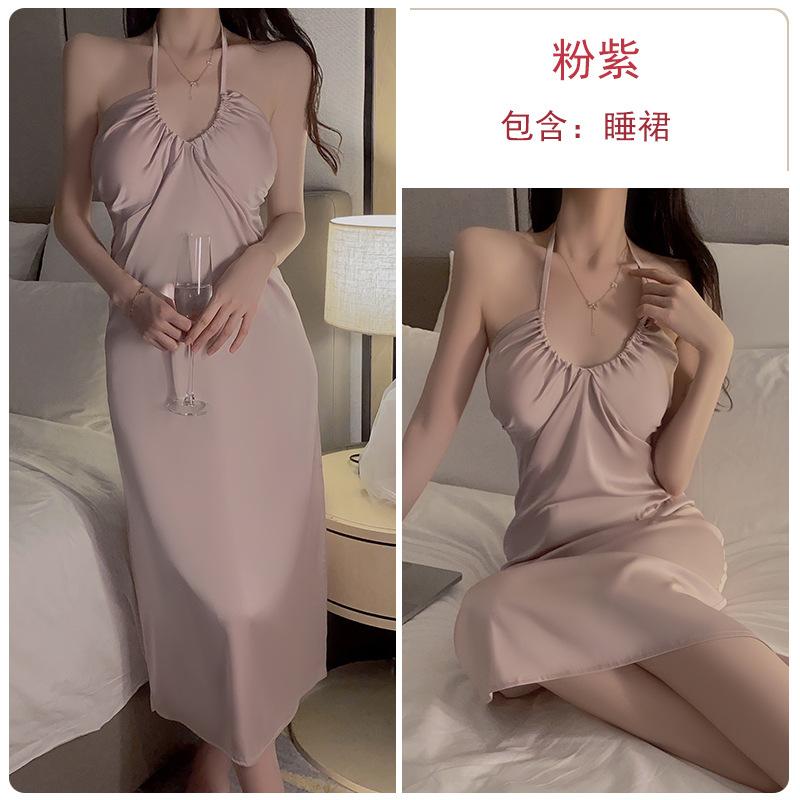 Satin neck strap long U-neck plus chest pad slim suspender nightdress robe loungewear set XL