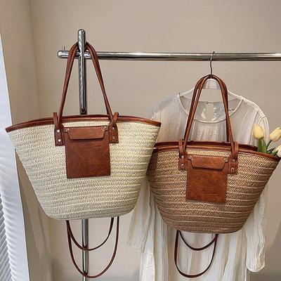 Stylish And Casual New Large-Capacity Bucket Shoulder Bag Vacation Style Solid Color Straw Woven Multifunctional Women's Beach Tote Bag AVE