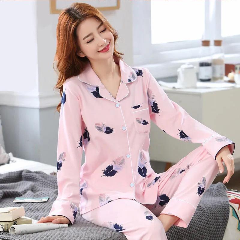 Spring And Autumn Pajamas Women'S Cardigan Long-Sleeved Trousers Korean Girls' Simple Cartoon Loungewear Suit Can Be Worn Outside