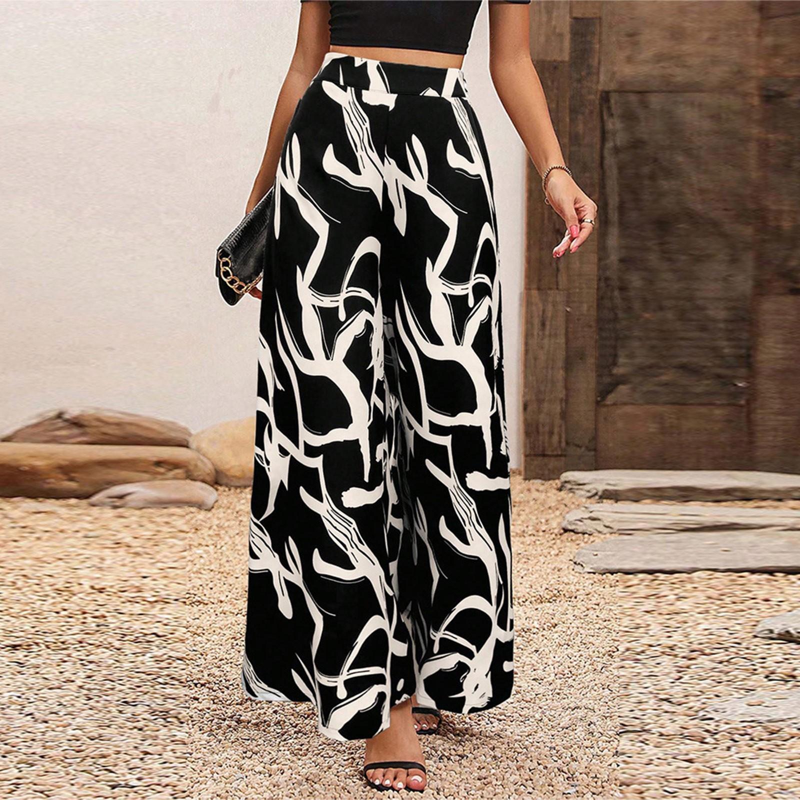 

Летние повседневные брюки из шифона с принтом листьев, высокой талией и широкими штанинами для женщин XXL чёрный