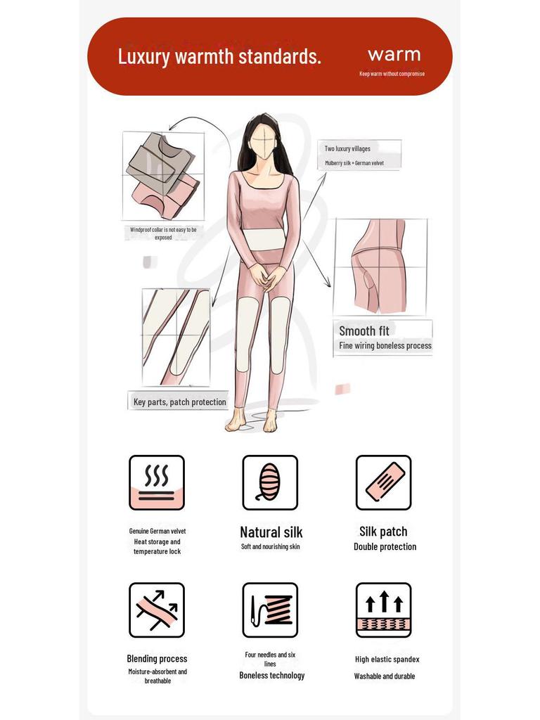 Aoweizi Women's Silk & Hyaluronic Acid Thermal Underwear Set - Autumn/Winter, Plus Velvet Thickened.