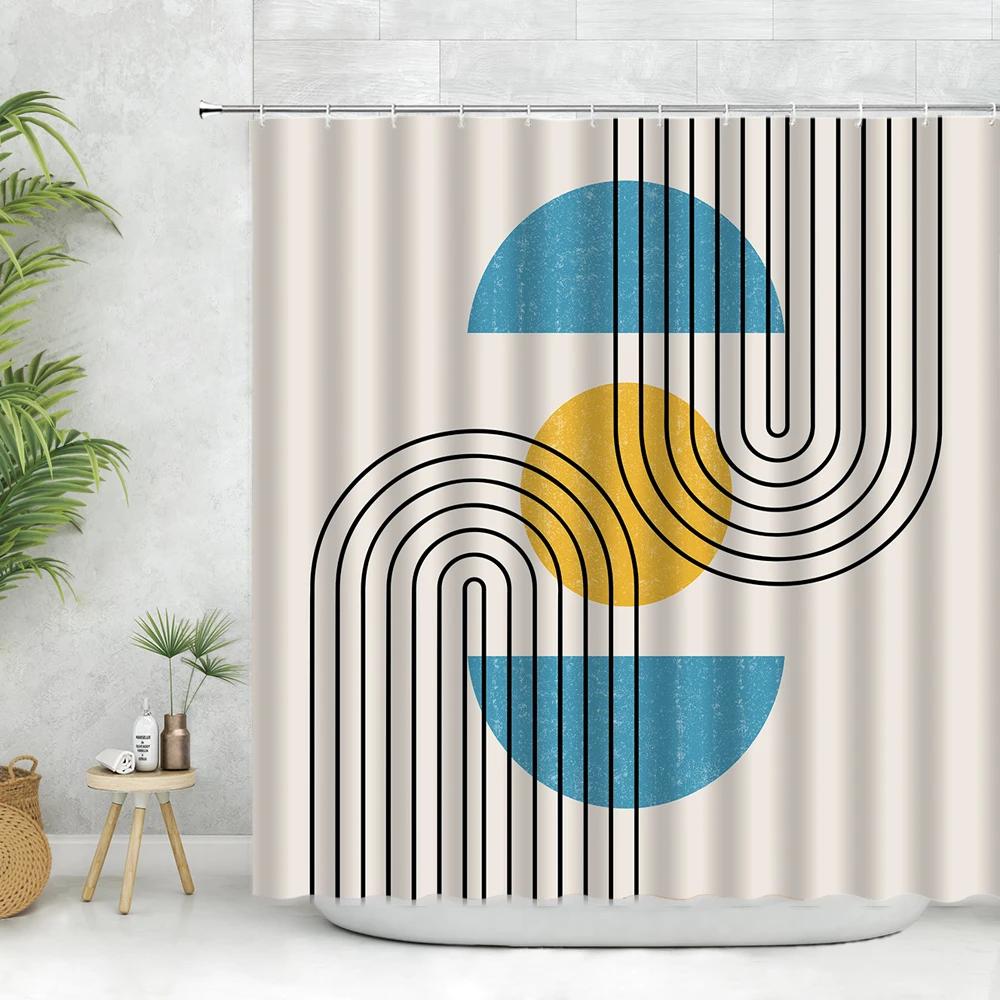 Abstract Neutral Leaves Simple Bathroom Shower Curtain Mid Century Sun Minimalist Modern Polyester Fabric Decor Bathroom Curtain