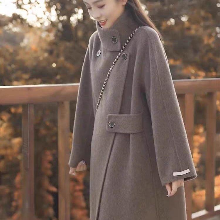 2025 Autumn/Winter Women's Hepburn-Style Stand-Collar Wool Cashmere Overcoat