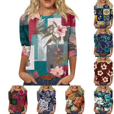 Modisches lässiges Damen-T-Shirt-Top mit Rundhalsausschnitt, Dreiviertelärmel und Retro-Print