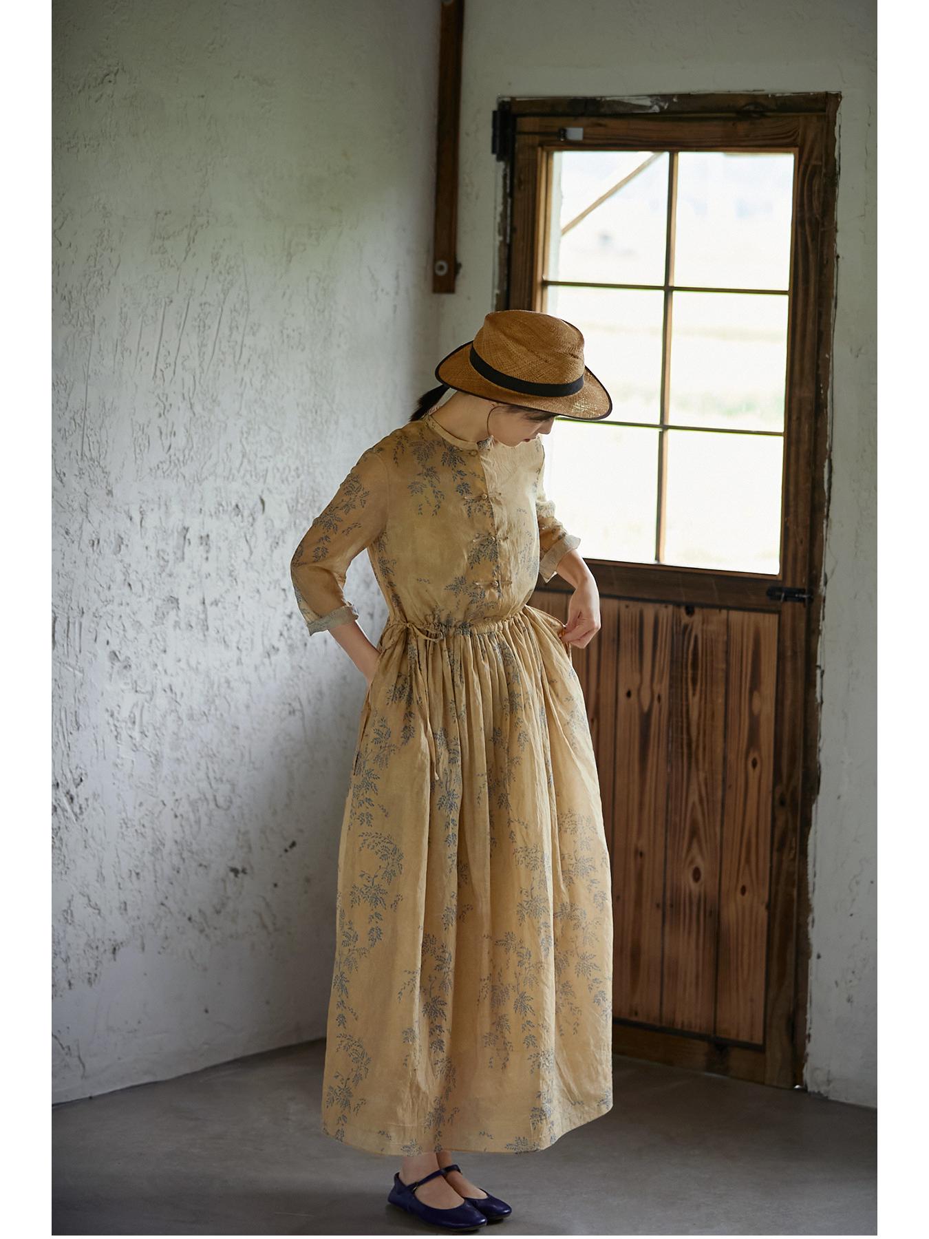 Yellow Floral Chinese Style Silk-Cotton Dress Large