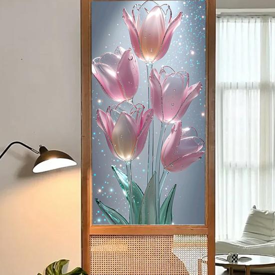 Flowers Window Privacy Film Stained Glass Tulip Butterfly Window Cling Static Glass Sticker for Home Kitchen Office Bathroom