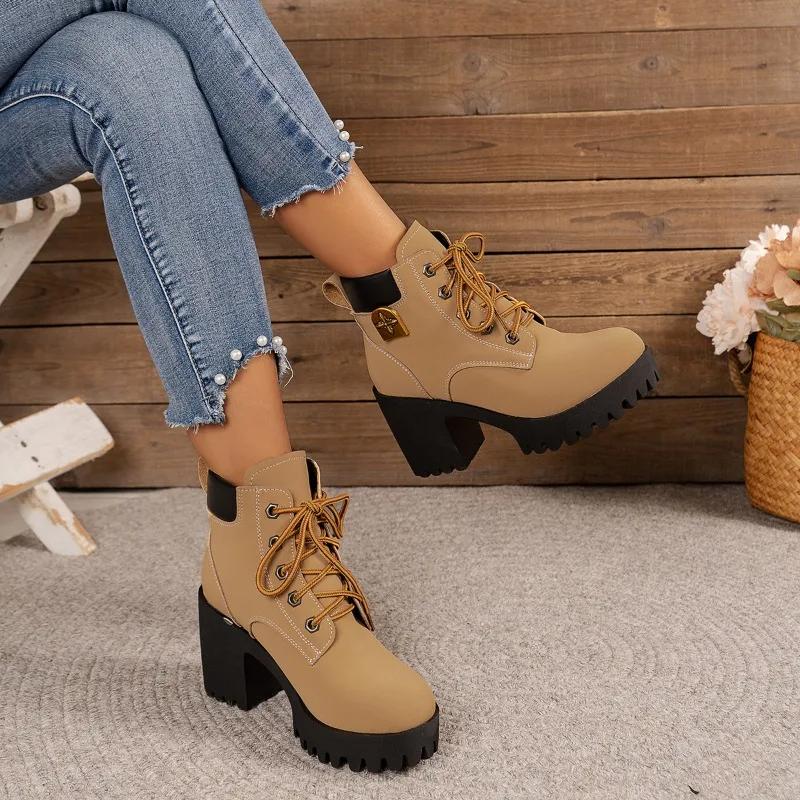 Autumn Winter Women's Retro Round Toe Chunky Heels Ankle Boots High Heels Shoes Woman Lace Up Platform Short Booties