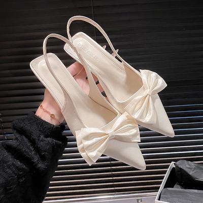 Temperament Satin Schleife Spitz Zehen Rückenfrei Sandalen Damen 2025 Frühling Neu Satin Spitzkopf Stiletto Kitten Heel Einzelne Schuhe Damen