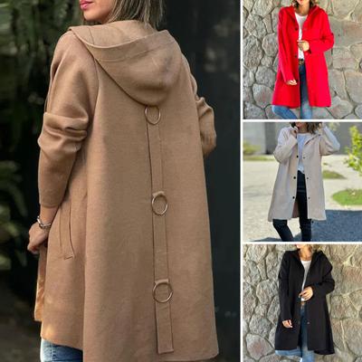 Fall Winter Women Woolen Jacket Hooded Mid Length Hoop Decor At Back Single-breasted Long Sleeves Solid Color Commuting Daily Wear Overcoat