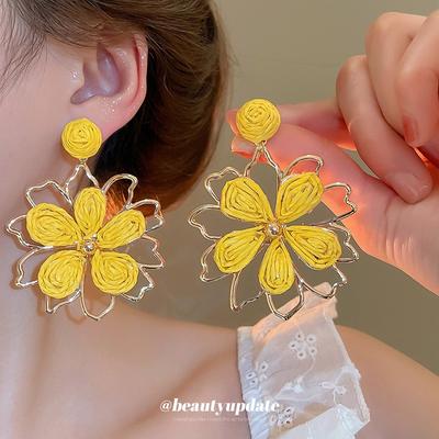 Silver Needle Super Fairy Raffia Flower Earrings Sweet Ins Temperament Earrings Fashion Versatile Earrings Niche High Sense