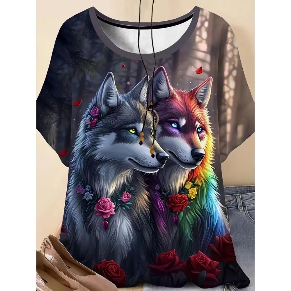 Animals Fun 3D Printed Short Sleeved T-shirt Fashionable Comfortable Soft Breathable Large Loose Summer Womens T-shirt
