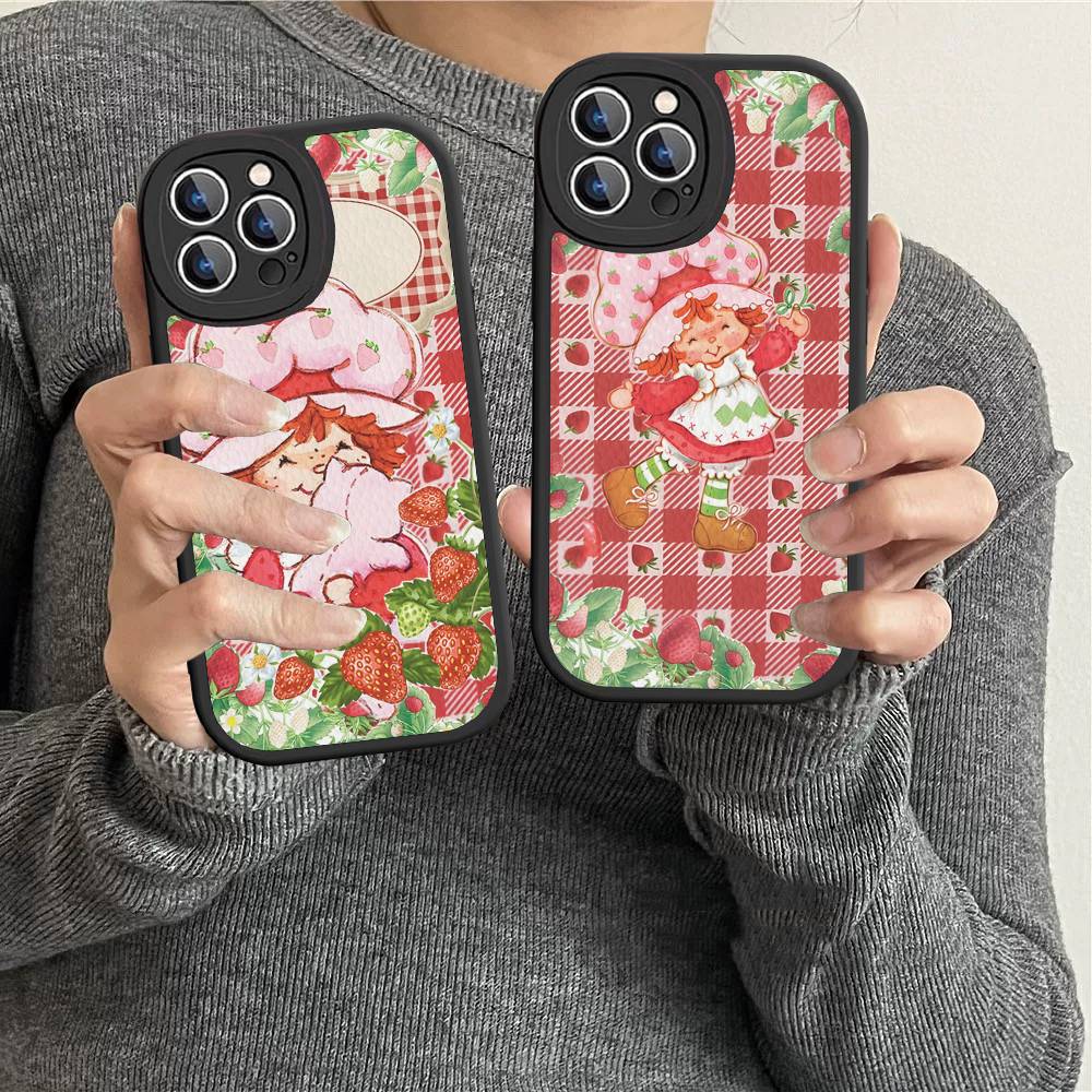 Cartoon Girl S-Strawberry S-Shortcake For IPhone 16 15 14 13 12 11 Pro Max Plus Shockproof Leather Soft Phone Cover