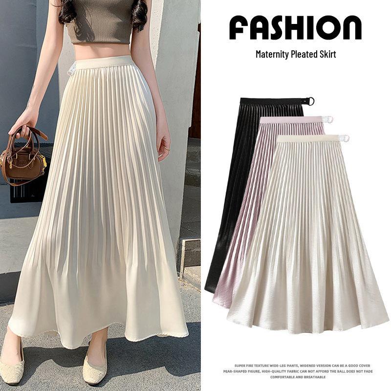 Elegant Maternity Accordion Pleats Satin A-line Long Skirt XL