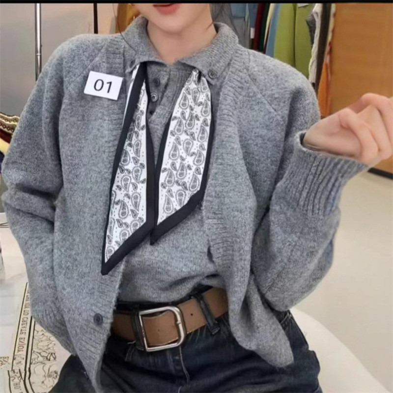 Silk Scarf Tie-up Button Lapel Pullover Knitted Cardigan Women's Autumn New Loose Age-reducing Sleeveless Vest Two-piece Set