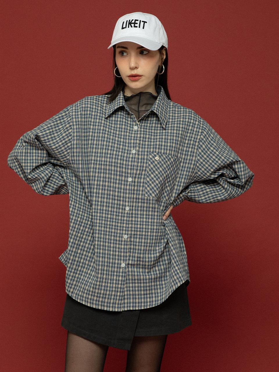 More Like It Cover-Up Check Pocket Over Long Shirt Navy