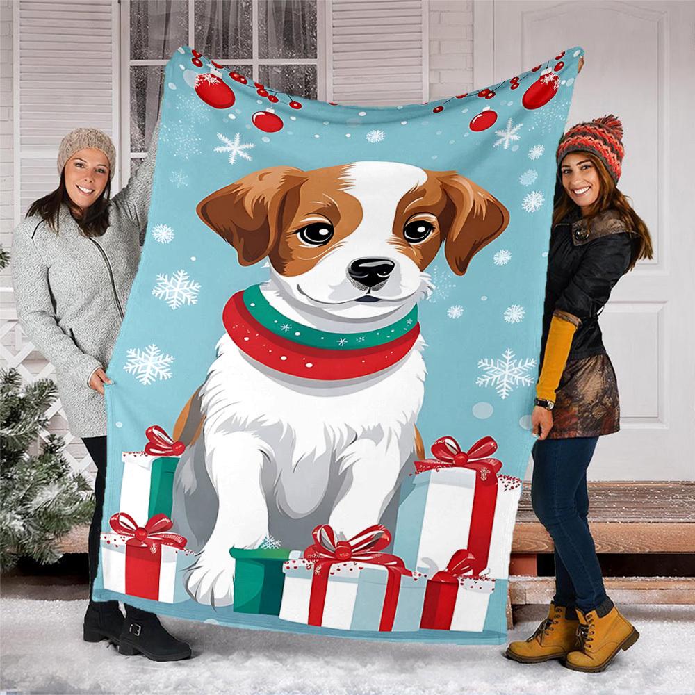 1pc Christmas dog Outdoor Flannel Blanket , Machine Washable Perfect Gift for Birthday , Holiday Travel Accessory , Durable Material