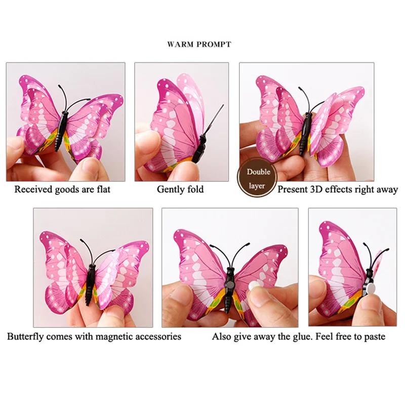 12Pcs Mixed Color Double Layer Butterfly 3D Wall Sticker for Wedding Decoration Magnet Butterflies Fridge Stickers Home Decor