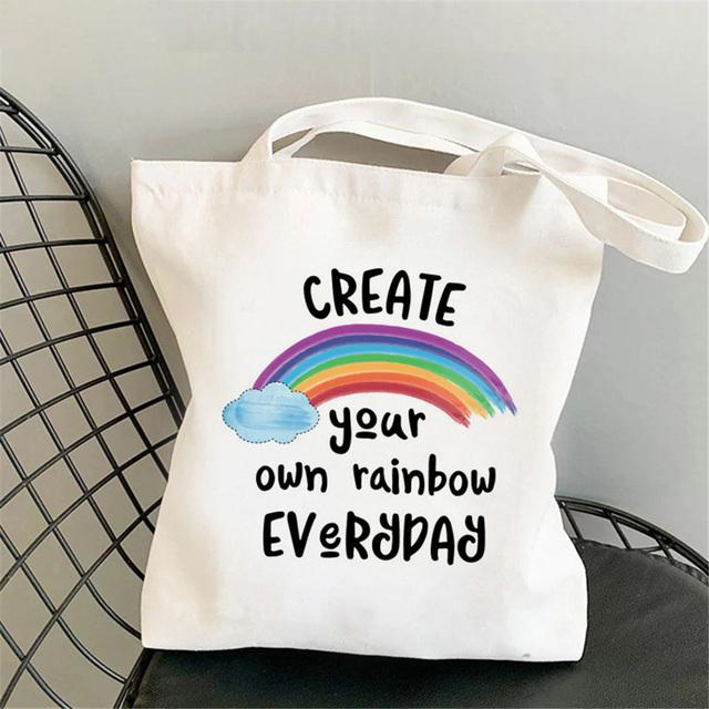 Cute Rainbow Shopping Bags Eco Shopper Canvas Jute Bag Reusable Woven Bag Funny Women'S Shoulder Bags Kawaii Girls