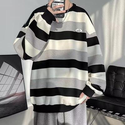 Crew Neck Sweater Men's Spring and Autumn Japanese Retro Lazy Style Striped Long-sleeved Top Teen Loose Casual Coat