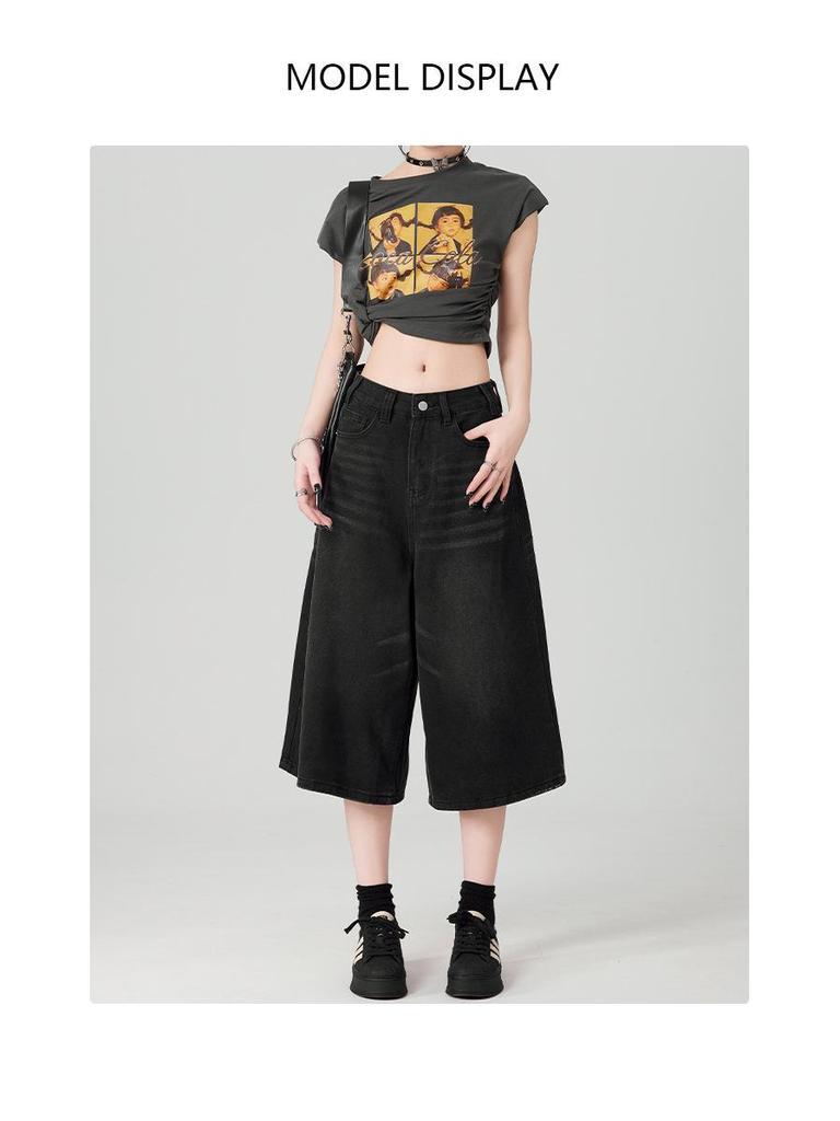 Women's Summer 2025 Light Blue High Waist Wide-Leg Denim Shorts