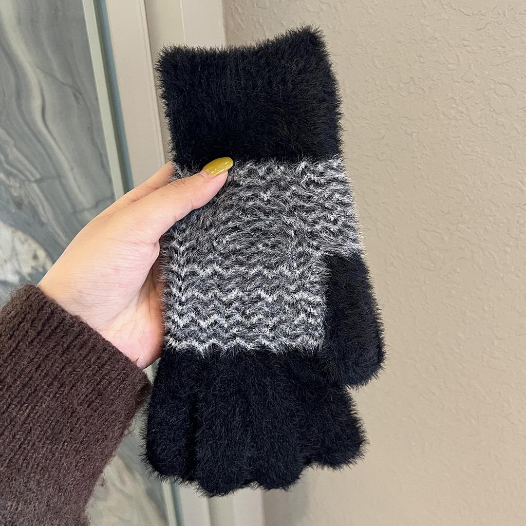 Einfache gestreifte Strickplüschhandschuhe im koreanischen Stil für Damen im Winter Kältefest und warm Vielseitig Outdoor-Radfahren Fingerlos, Touchscreen