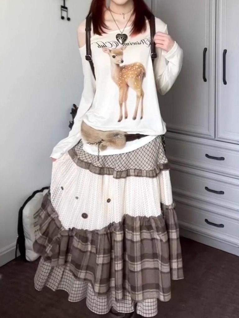 Moe-Stil karierter gestufter Midirock: Süßes Retro-Design mit hoher Taille für Herbst & Winter