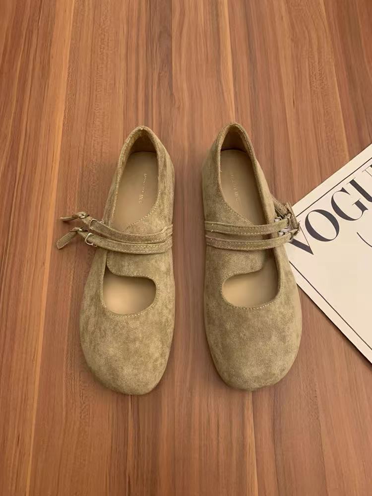 

Retro Mori literary and artistic style frosted leather Mary Jane shoes one-word buckle with shallow mouth round head flat-bottomed ballet single sh 40