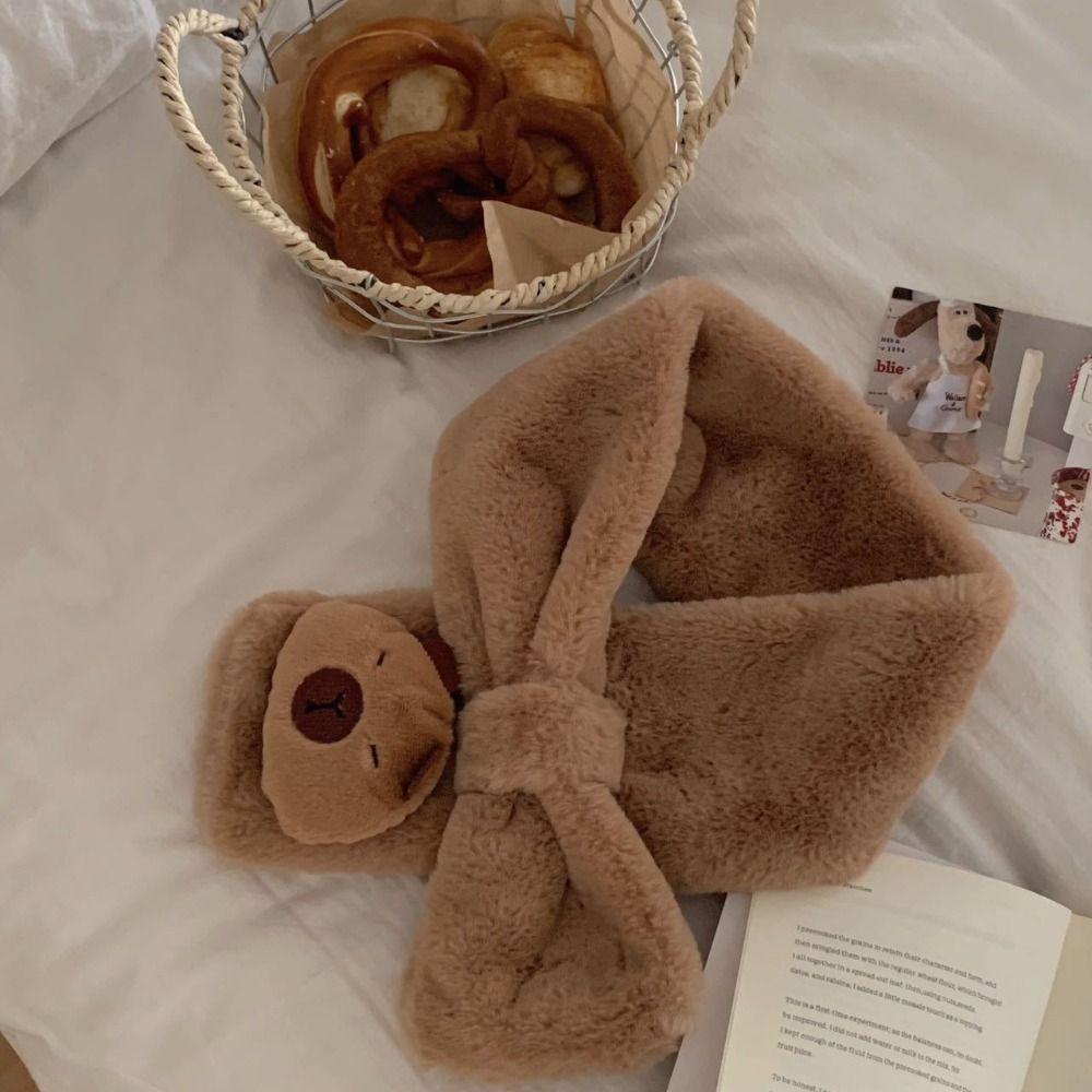Thicken Cartoon Cross Neck Scarf Neck Wrap Cute Plush Neckerchief Capybara Fluffy Scarf  Winter