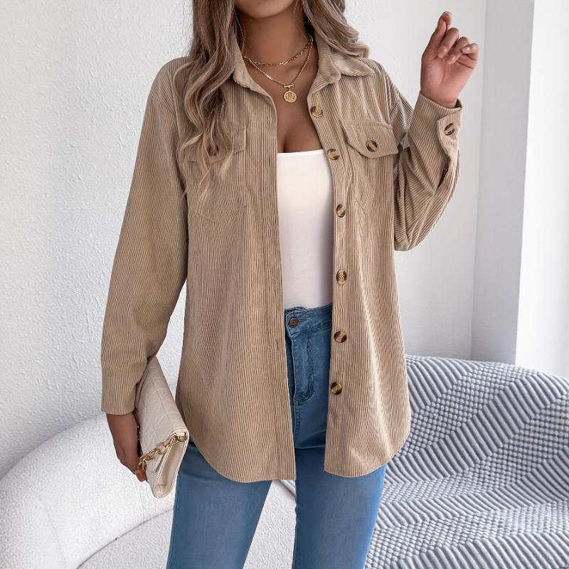 Casual Women's Striped Mid-length Shirt Solid Color Button Long-sleeved Cardigan Jacket Top