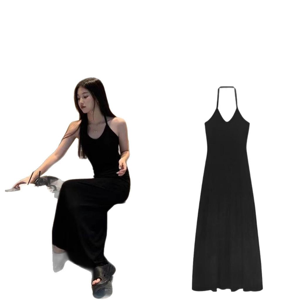 Fashion Casual Neck Dress Women's Summer New Black Design Long Dress Temperament Over the Knee First Love Suspender Skirt