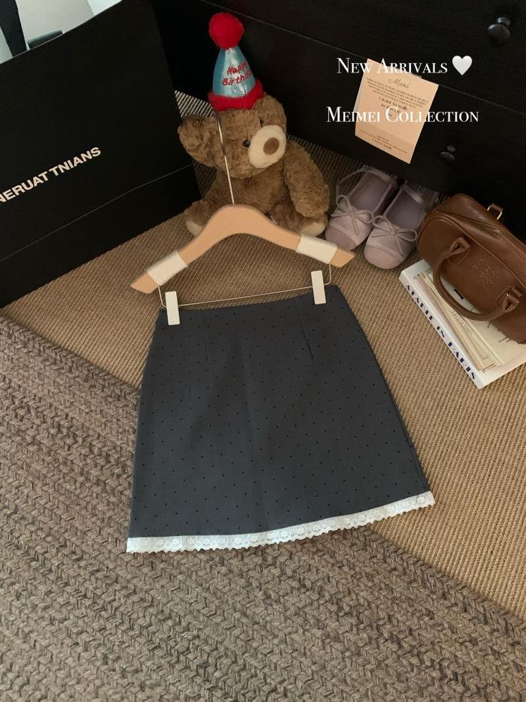 Polka Dot Lace Trim A-Line Midi Skirt, Spring/Summer 2025 Fashion, Petite High-Waist Hip-Hugging Fit