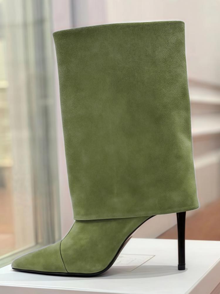EU/US Suede Mid-Calf Boots - Pointed Toe Stiletto Heels Solid Color Over Pants Boots for Women Office Chic Winter Footwear