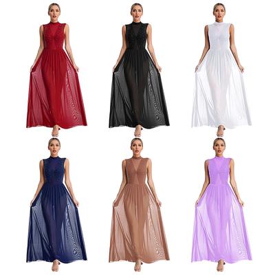 Womens Shiny Rhinestone Lyrical Dance Dress Mock Neck Sleeveless Open Back Twist Front Sheer Mesh Overlay Leotard