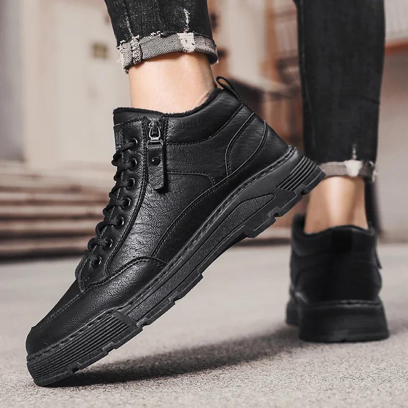 Fashion Leather Men's Boots 2024 new Winter Platform Warm Fur Ankle Short Lace Up Fashion Novelty Concise Casual Work cotton Shoes Botas