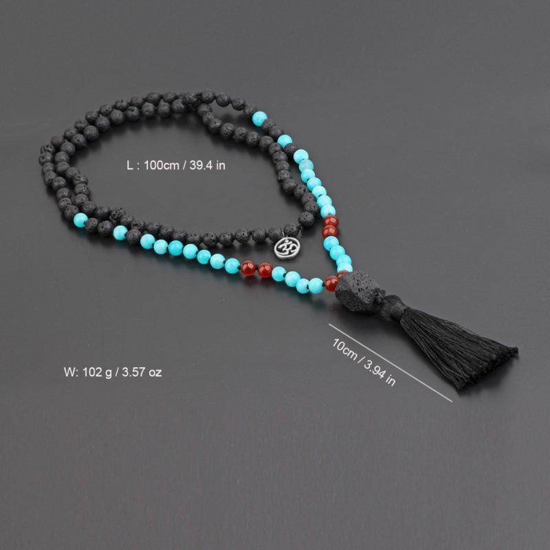 Volcanic Stone 108 Beads Prayer Necklace with Tassel - Long Sweater Chain