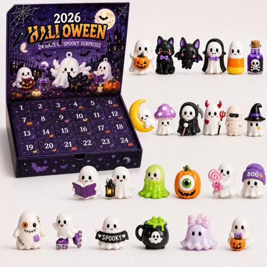 Halloween Advent Calendar with 24 Horror Figures, Mini Cute Ghost Themed Party Favors Decorations, Spooky Countdown Gift Box for Kids And Collectors