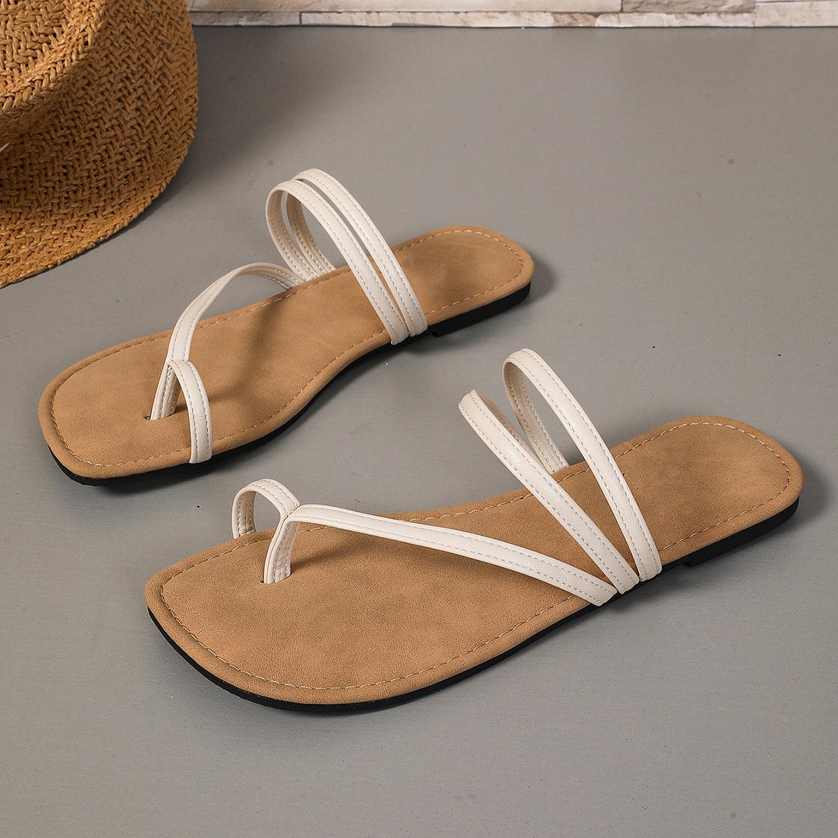 

French fairy style square head thin strap flat bottom cool slippers 2025 new summer casual comfortable toe slippers 36